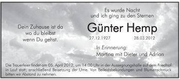 Traueranzeige von Günter Hemp von Pegnitz-Zeitung